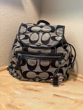 Coach Signature Canvas Backpack in Black and Taupe with Charm